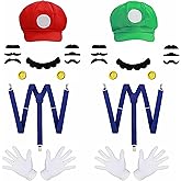 Wobity Super Bros Costume Kit with Hat, Mustaches, Suspenders, Gloves and Buttons Halloween Cosplay Accessories Funny Couple outfits for Men and Women