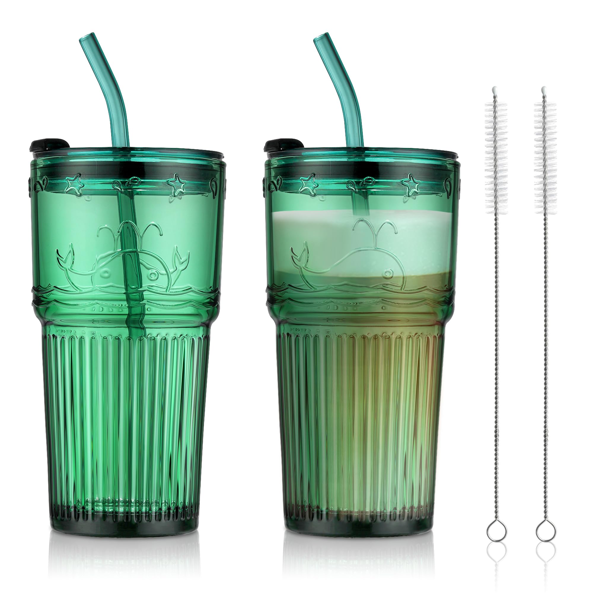 Joeyan 550ml Glass Cup with Straw and Lid,Set of 2 Ribbed Glass Drinking Jar with Embossed Whale Pattern, Water Glasses Smoothie Cup with Straw for Ice Coffee Beverages Fruit Tea, Green