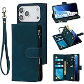 RANYOK Wallet Case Compatible with iPhone 17 Pro Case, with 6 Card Holder RFID Blocking, PU Leather Zipper Flip Wallet Pocket, Kickstand, Wrist Strap | Protective Phone Cover for 17 Pro, Blue