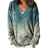 ACWUMU Women's Vintage Floral Printed Sweatshirts V Neck Long Sleeve Graphic Ribbed Tops Oversized Colorful Sweater