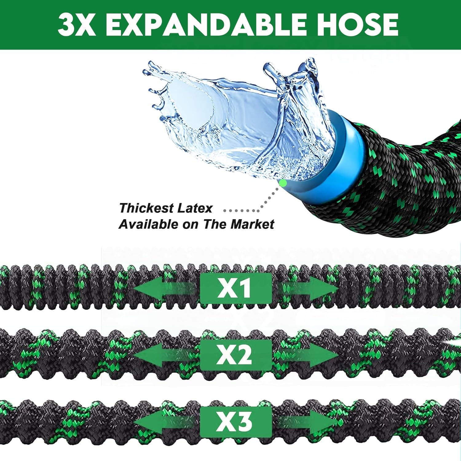 Condition photo showing New/Like New for 100 ft expandable garden hose - kink free flexible water hose with thumb-controlled 10-function nozz
