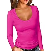 PALINDA Women's Ribbed Scoop Neck Slim Fitted T Shirts Basic Solid Long Sleeve Layering Tee Tops