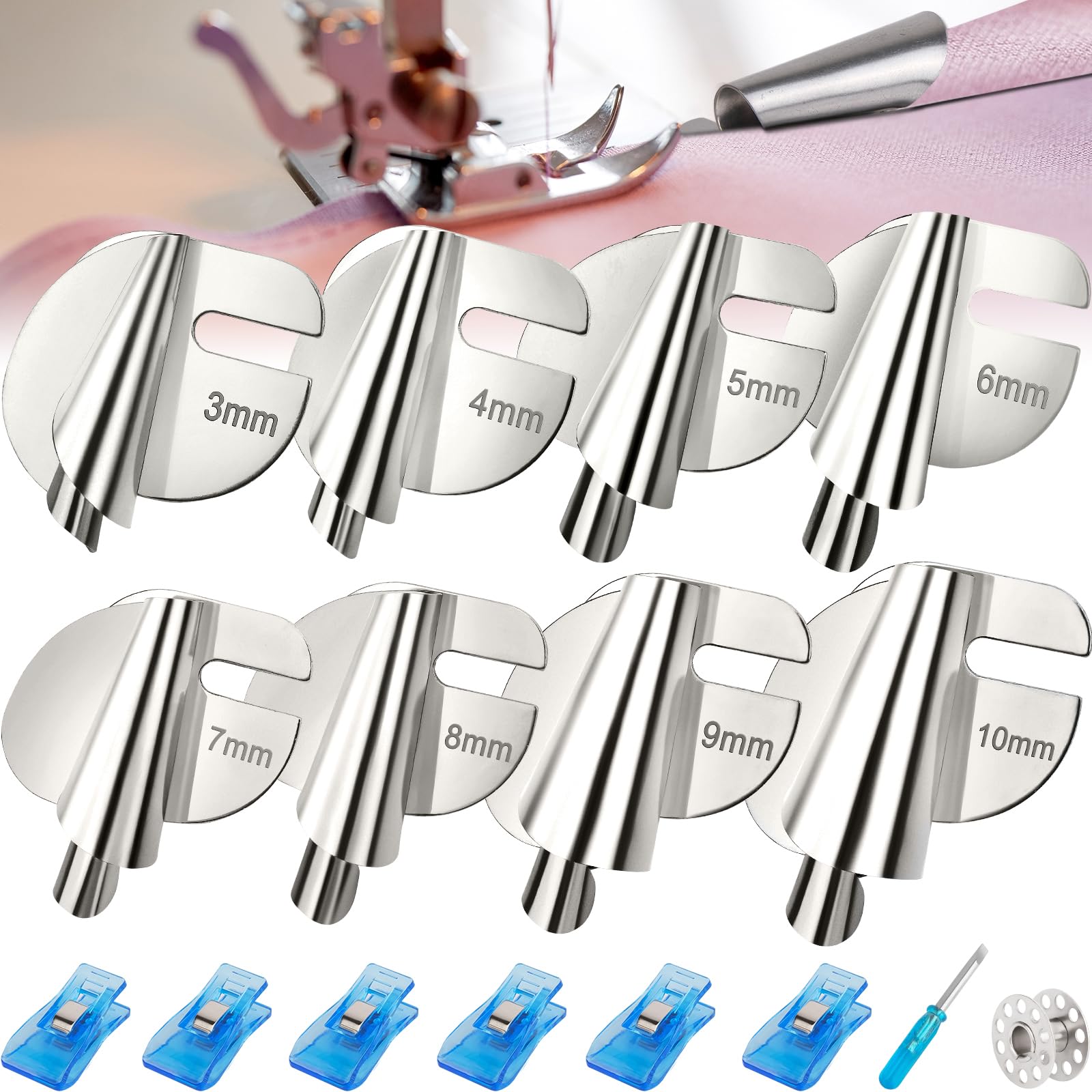 Photo 1 of 2025 Upgraded Universal Sewing Rolled Hemmer Foot Set 8 Sizes Rolled Hem Presser Foot [3-10mm] Wide Rolled Hem Foot for Home Industrial Sewing Machine Sewing Supplies[8Pcs-3/4/5/6/7/8/9/10mm]
