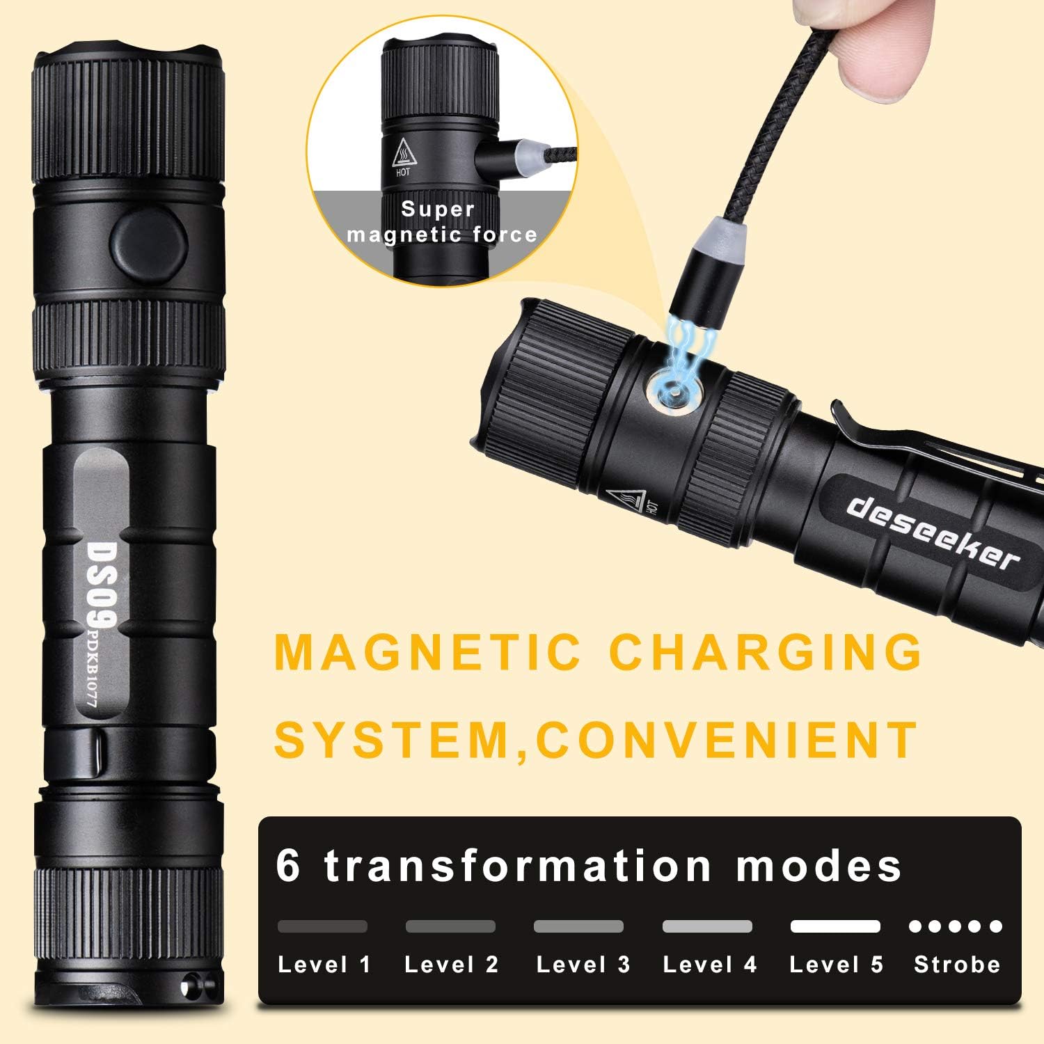 Deseeker DS09 Tactical Flashlight, 1380 High Lumens Rechargeable Flashlights with Magnetic USB Cable and 18650 Battery, IPX8 Waterproof EDC Flashlight for Emergency Camping Outdoor - - 