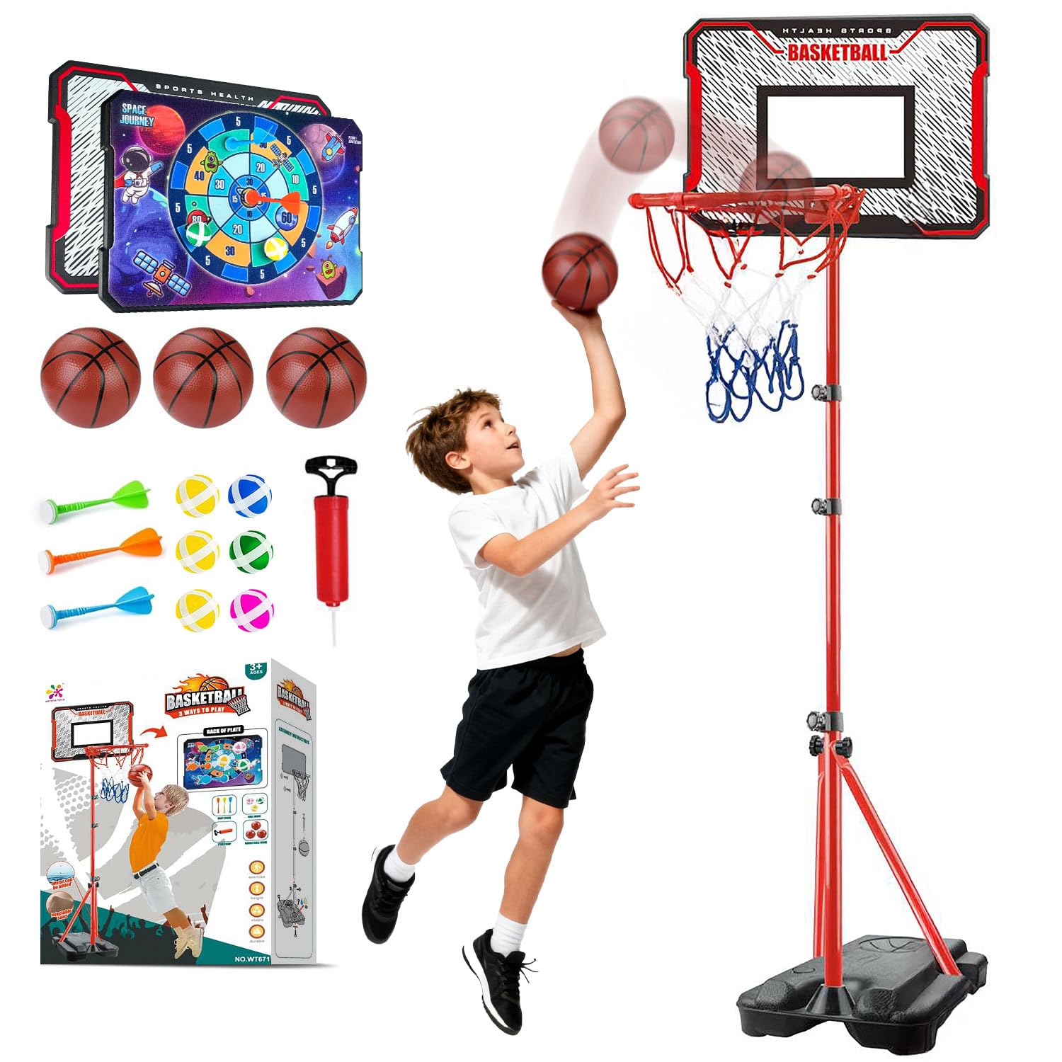 Basketball Hoop for Kids, 3 in 1 Dart Board with Darts & Small Balls and 3 Mini Basketballs, Adjustable Basketball Stand with Basketball Hoop Height 3.7FT-6.2FT, Toy Gift for Boys Girls Ages 3+