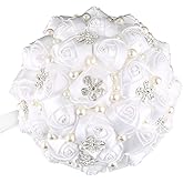 Dlgnoml Handmade Wedding Flowers Bridal Bouquets Crystal Bride Holding Bouquet White Ivory Satin Roses with Diamond Pearl Ribbon.(allwhite)