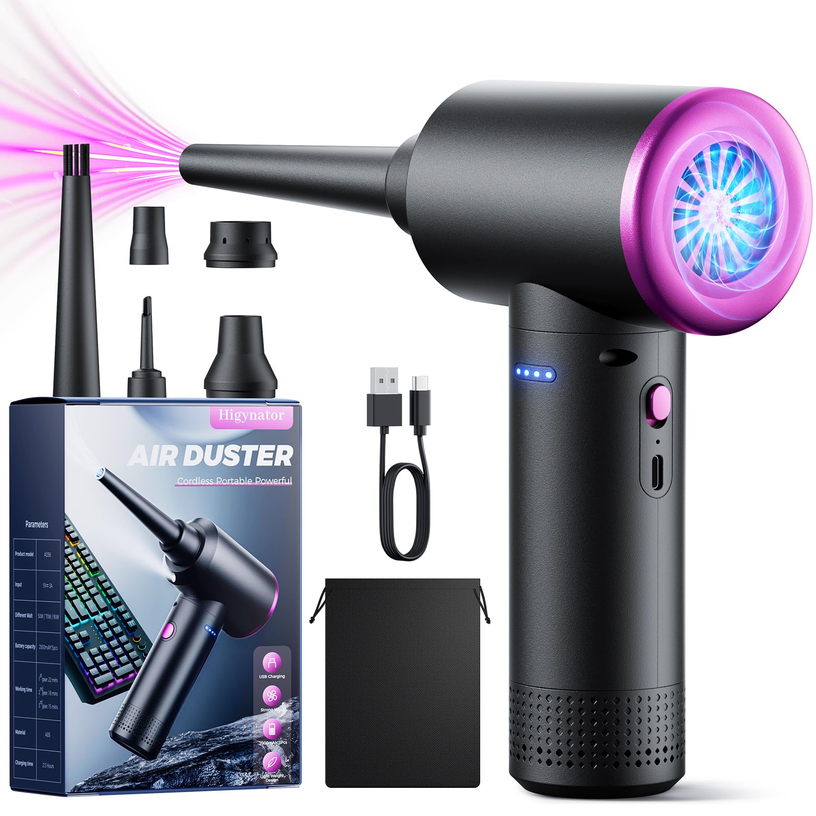 Evaline Compressed air Duster - 3 Gear Adjustable 100000RPM Electric with LED Light, Cordless Blower for Computer Keyboard Car Cleaning Kit 9000mAh Rechargeable Dust Remover, Black