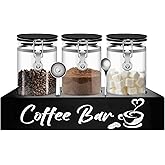 MACIFECI Glass Coffee Containers with Shelf Coffee Station Organizer 54oz Black Glass Coffees Bean Storage Canister with Spoon Coffee Canister Set Kitchen Food Storage Jars for Coffee/Sugar/Candy