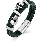 Raymard Mens Skull Double Row Leather Bracelet, Black or Silver Skull Braided Bracelet for Men, Mens Punk Jewelry