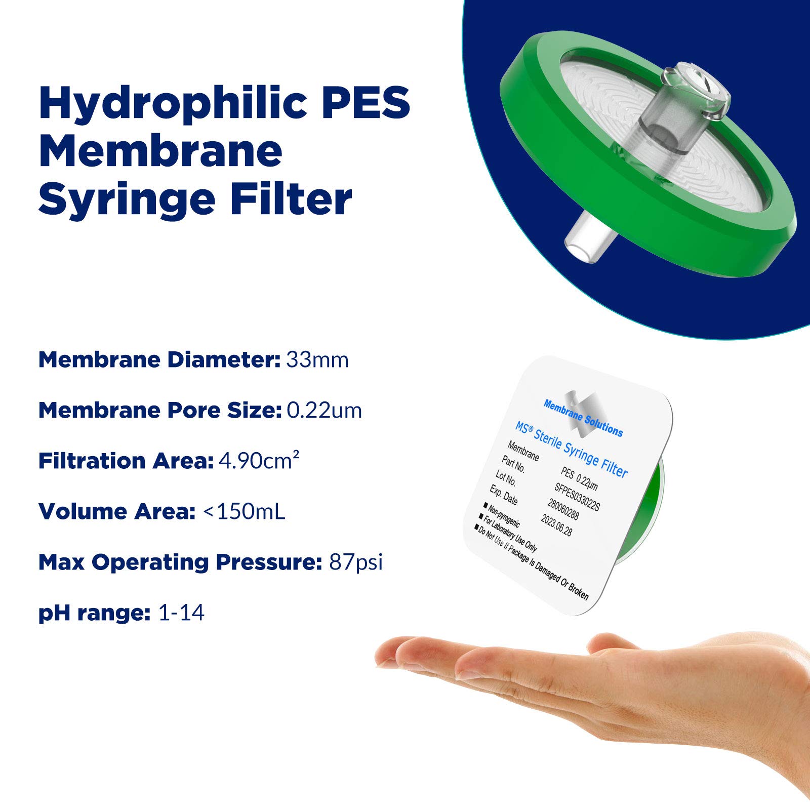 Sterile Syringe Filter Pes 10 Pack, 0.22um Pore Size, 33mm Membrane Diameter, Hydrophilic