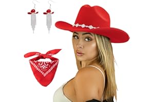 JIANGLAI Western Cowgirl Hat for Women Men, Fedora Wide Brim Rhinestone Cowboy Hat with Bandana and Cowgirl Tassels Earrings