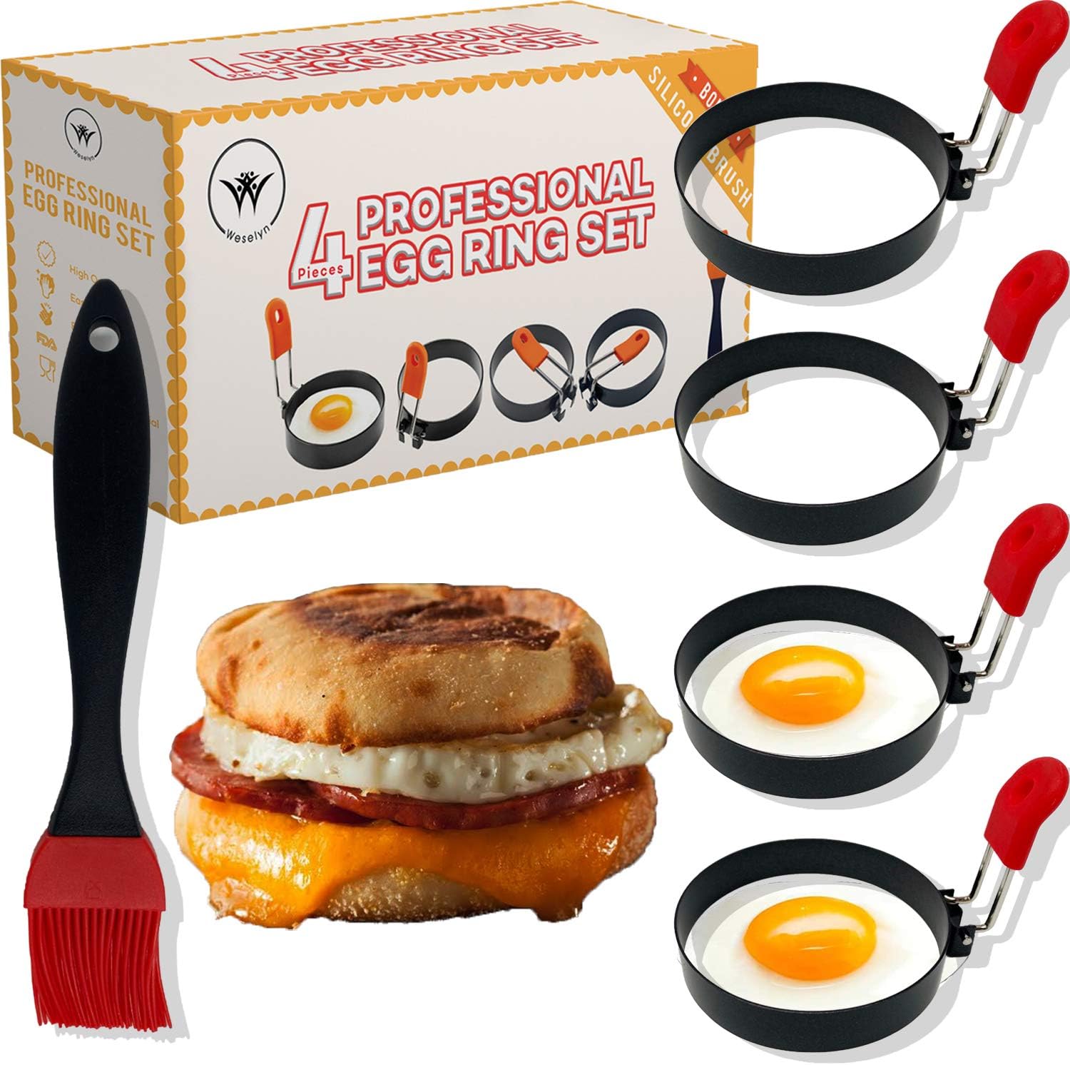 WESELYN Egg Ring 4-Pack Stainless Steel with Cool-Touch Handle and Oil Brush Non Stick Coating Breakfast Tool for Eggs Frying/Shaping