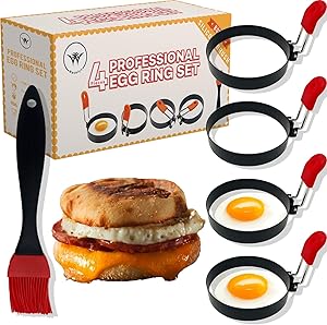 WESELYN Egg Ring 4-Pack Stainless Steel with Cool-Touch Handle and Oil Brush Non Stick Coating Breakfast Tool for Eggs Frying/Shaping