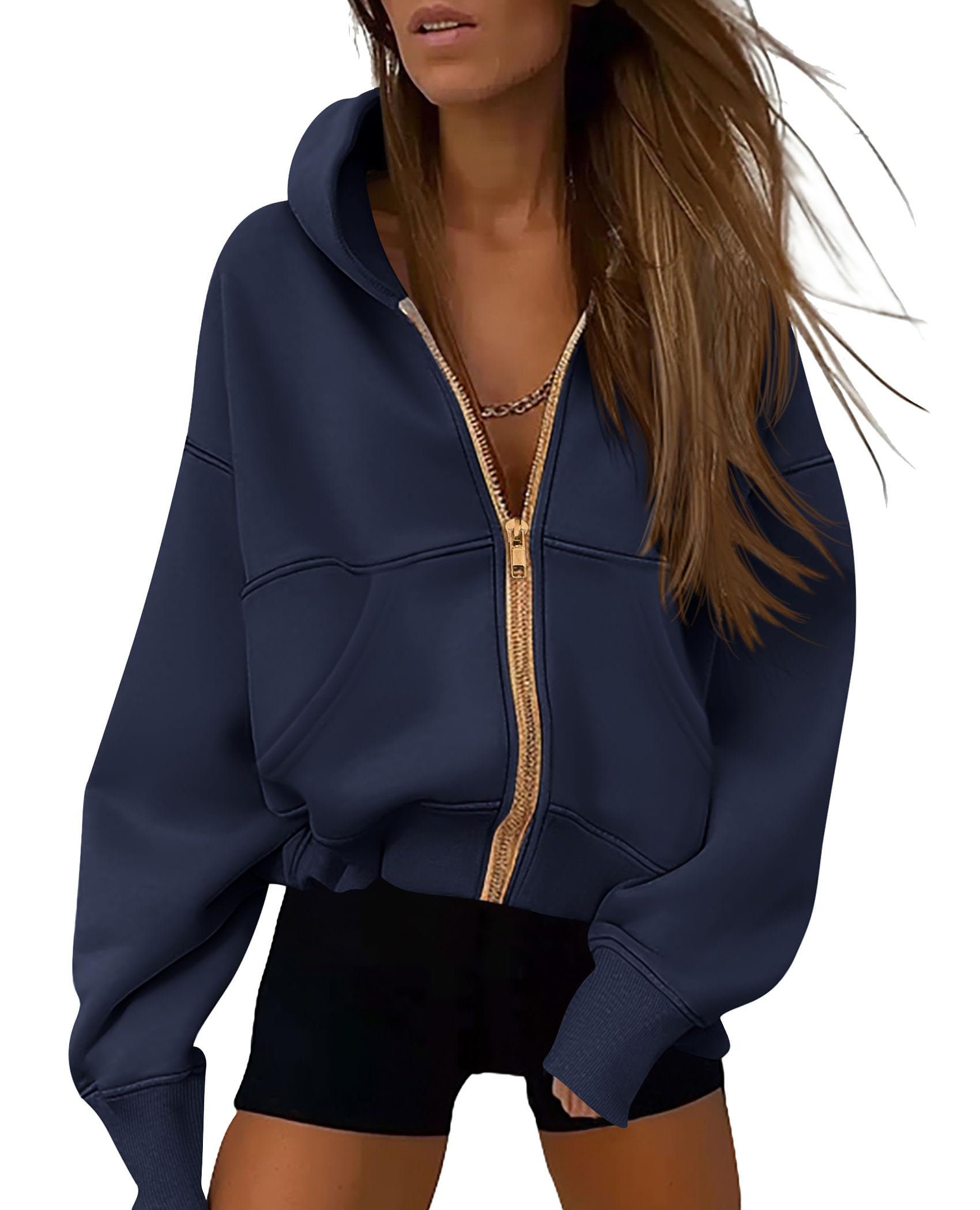 Photo 1 of PRETTYGARDEN Women's Zip Up Hoodie Sweatshirt Y2K Fall Fashion Clothes Long Sleeve Loose Fit Pockets Casual Trendy Jacket (Navy,Small)