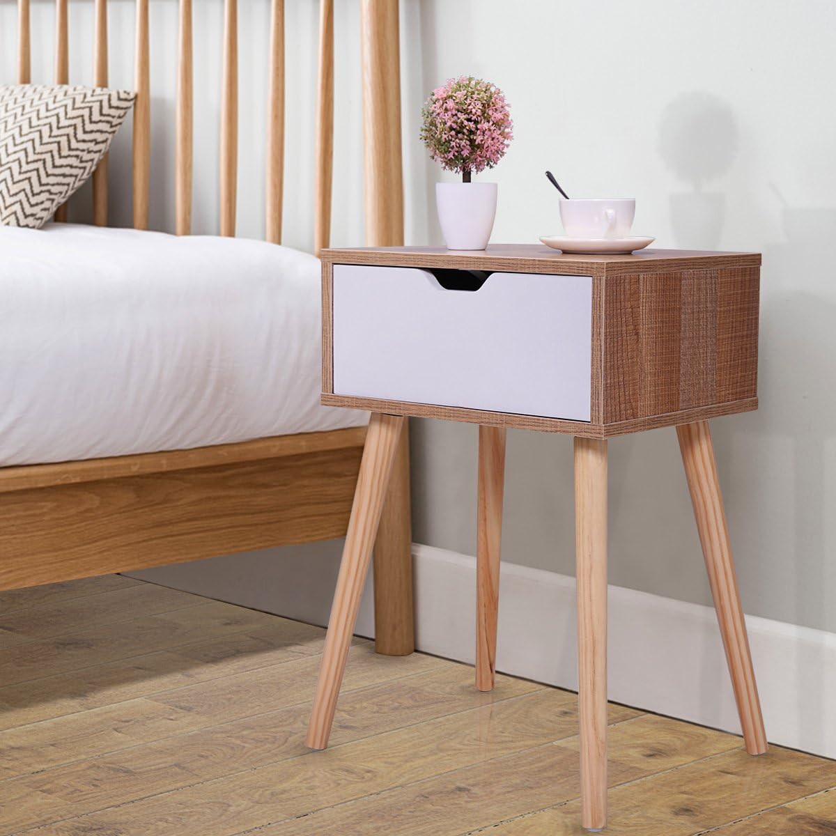 JAXSUNNY Mid-Century Solid Wood Legs Side Table, Bedside Table Nightstand End Table, with White Storage Drawer 23.1" H - Set of 2 in Walnut: Kitchen & Dining