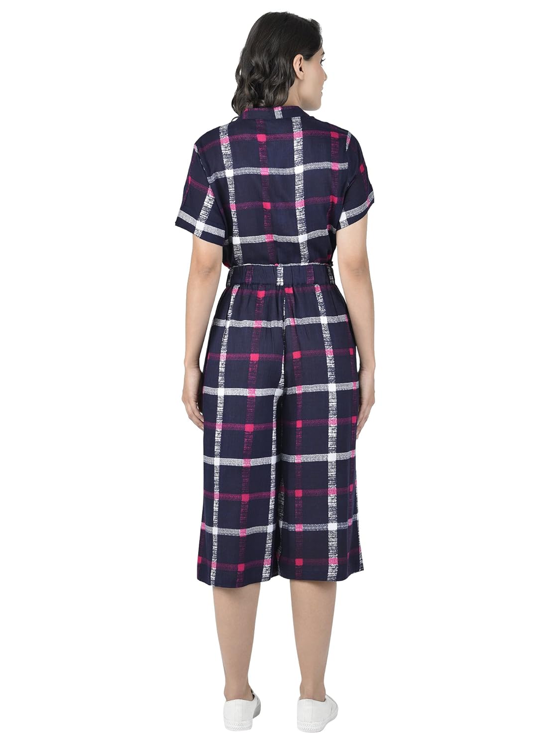 martini women blue pink check calf length jumpsuit
