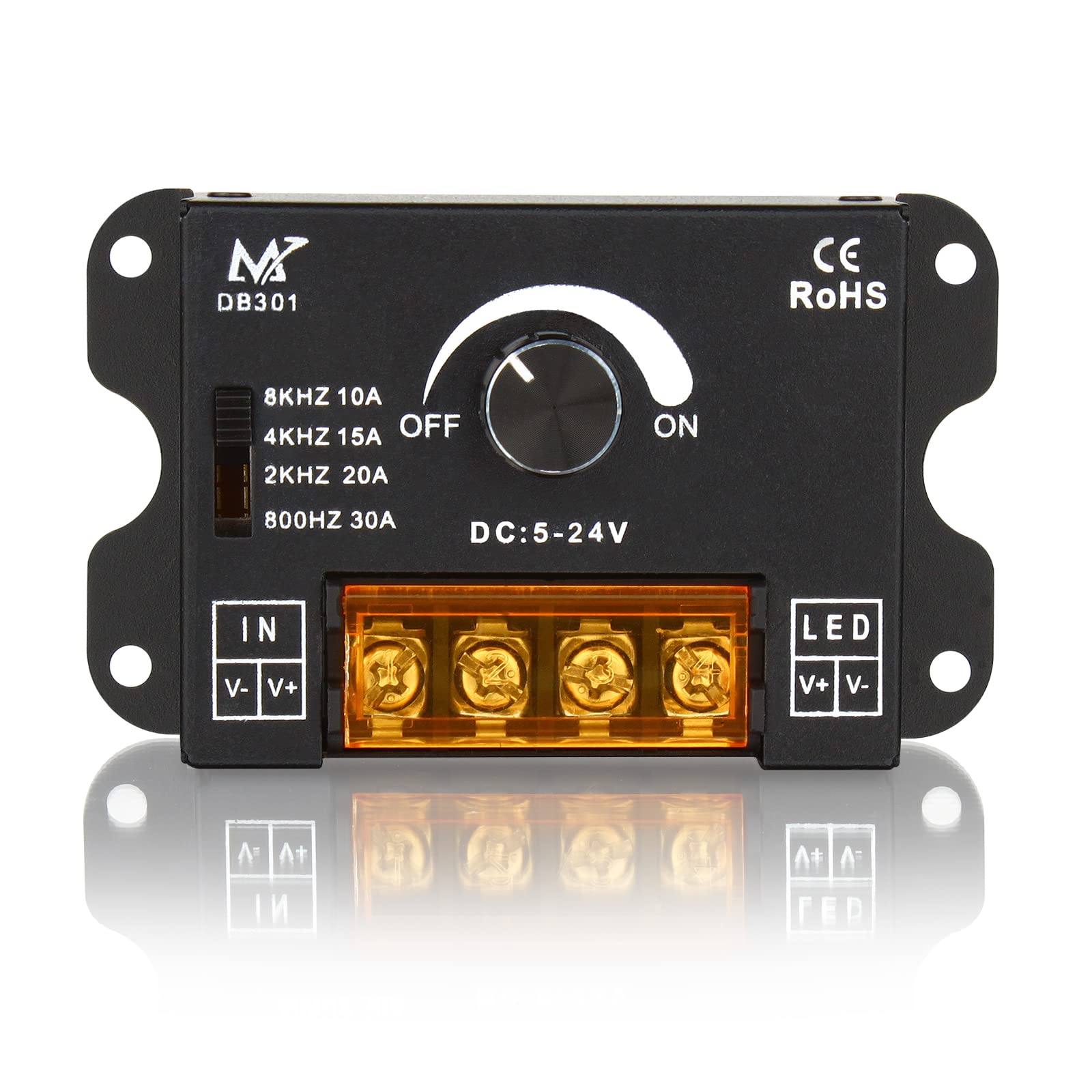 Aroidful DC 5V/12V/24V 30A PWM Frequency Adjustable Dimming Controller, Knob Adjust Brightness for Suitable for Single Color LED Light Strips, Metal Shell LED Light Strip Dimmer (Single Color)