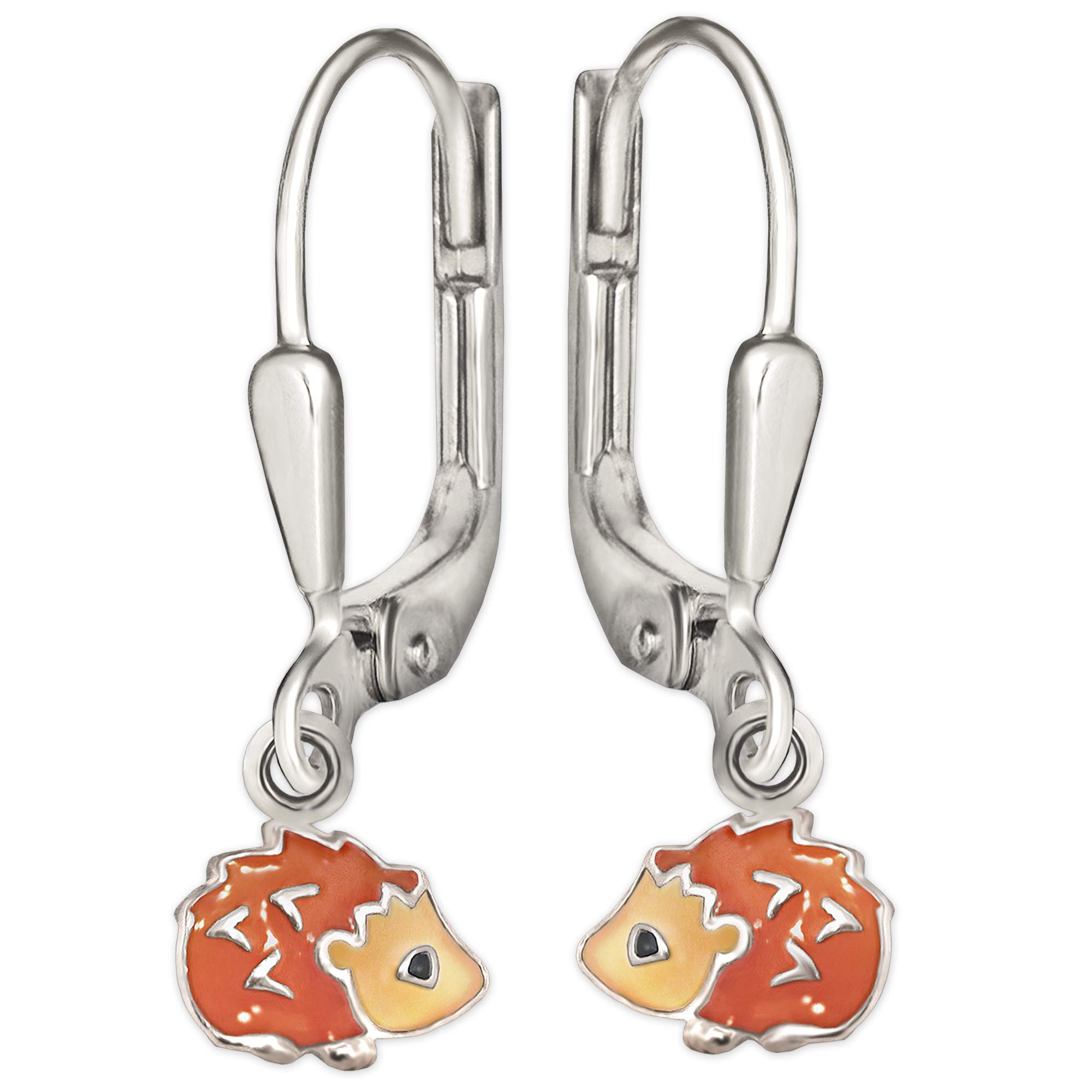 Clever Jewellery 925 Silver Pair 22 mm 6 mm Orange Mini Hedgehog Brown Painted Black Shiny 925 Sterling Silver Drop Earrings for Children