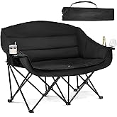 Double Camping Chair Padded Loveseat Chair for 2 Person - Heavy Duty Oversized Camping Couch for Adults Outdoor Sports Lawn Beach Portable Folding XL Chairs with Cup Holders and Carry Bag, All Black