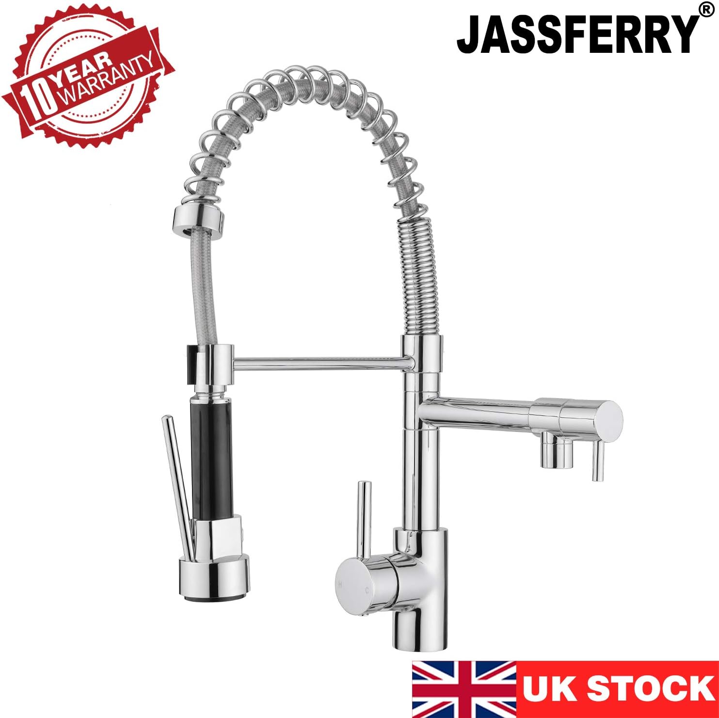 JASSFERRY Flexible Spring Pulldown Spout Kitchen Sink Mixer Tap Single Lever with High Arc Pull Out Spray Monobloc Swing Arm Chrome (Two Spout) - Image 4