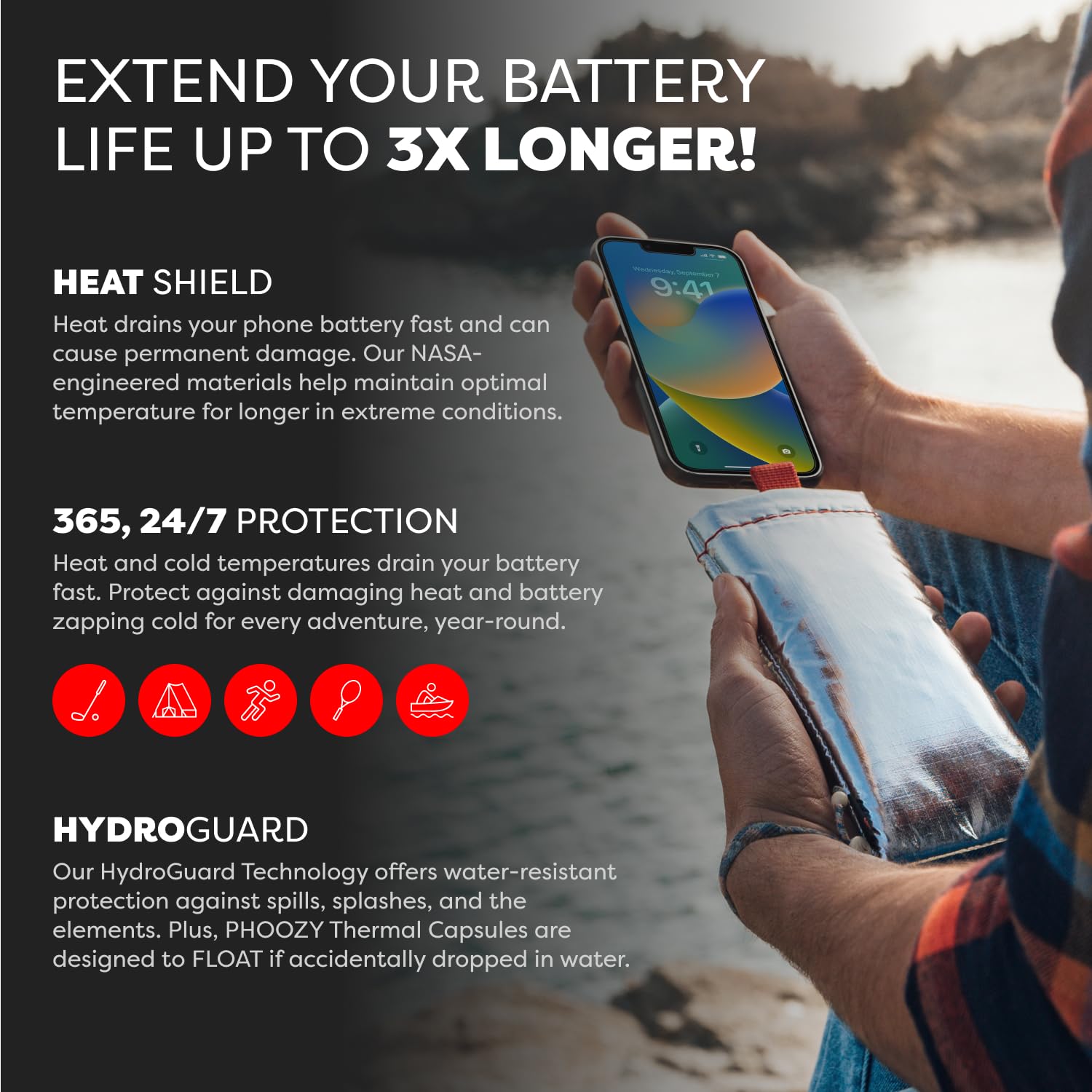 PHOOZY Apollo Thermal Phone Case | Insulated Phone Pouch Extends Battery Life 3X in Freezing Weather | Cold Resistant Drop Protection | Military Grade Water Resistant | Large | Silver