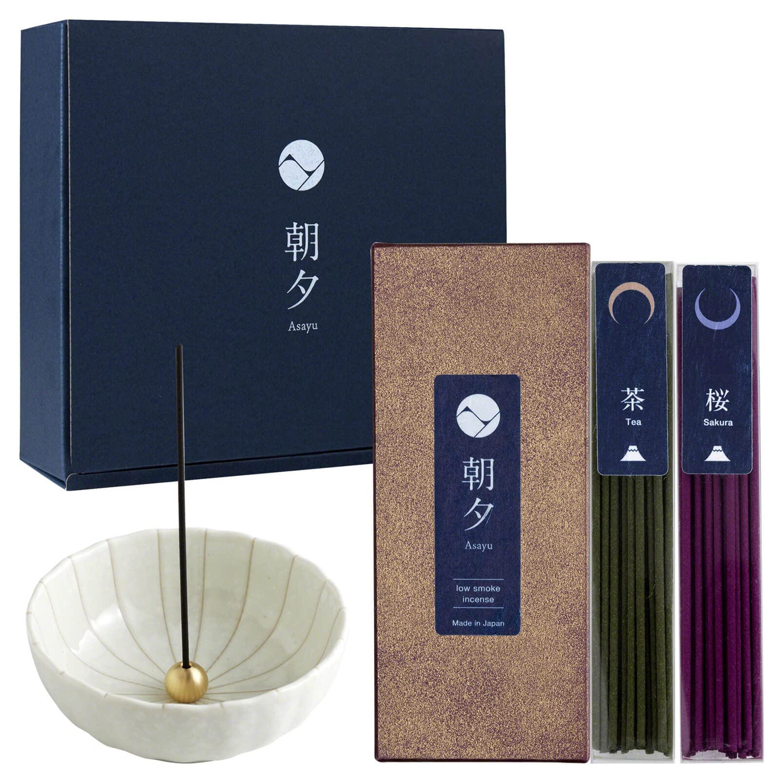 Asayu Japan Low Smoke Incense Gift Set with Incense Holder and Brass Stand, Premium Sakura Incense Sticks with White Lotus Holder (Japan Set + White Lotus Holder)