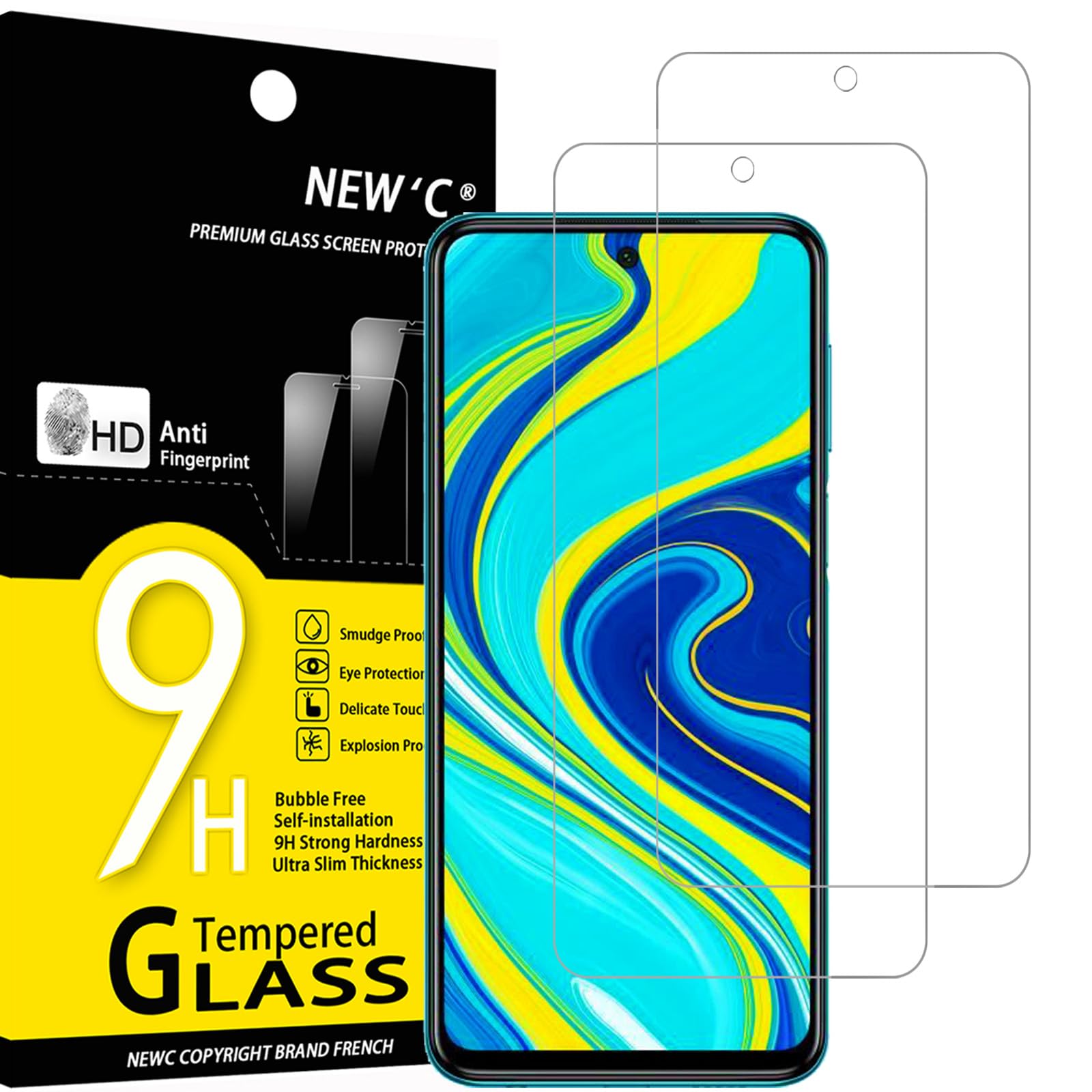 NEW'C 2 Pack Designed for Xiaomi Redmi Note 9S, 9 Pro, 9 Pro Max Screen Protector Tempered Glass, Case Friendly Anti Scratch Bubble Free Ultra Resistant