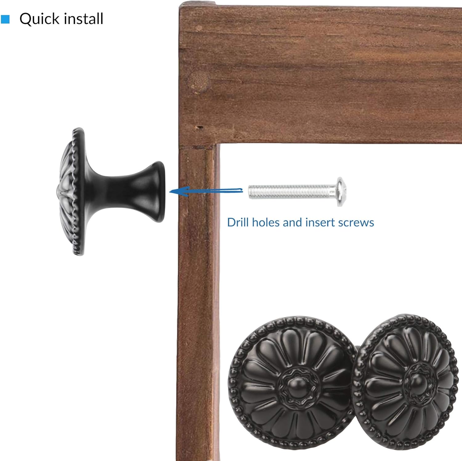 YEYIT Black Cabinet Handles - 16pcs Round Drawer Knobs & Mushroom Drawer Handle, 30MM Aluminum Alloy Flower Pattern with Screws - Image 5
