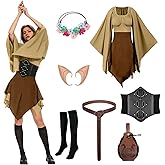 rumnigh 7 Pcs Women Elf Renaissance Costume Medieval Dress Traditional Irish Dress, Elf Cosplay Costume for Women Halloween