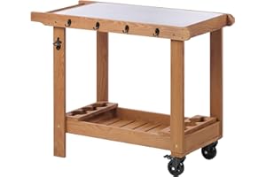 MEDERLO Outdoor Wooden Grill Cart Table with Wheels, Metal Top and Storage, for Patio Backyard Garden BBQ