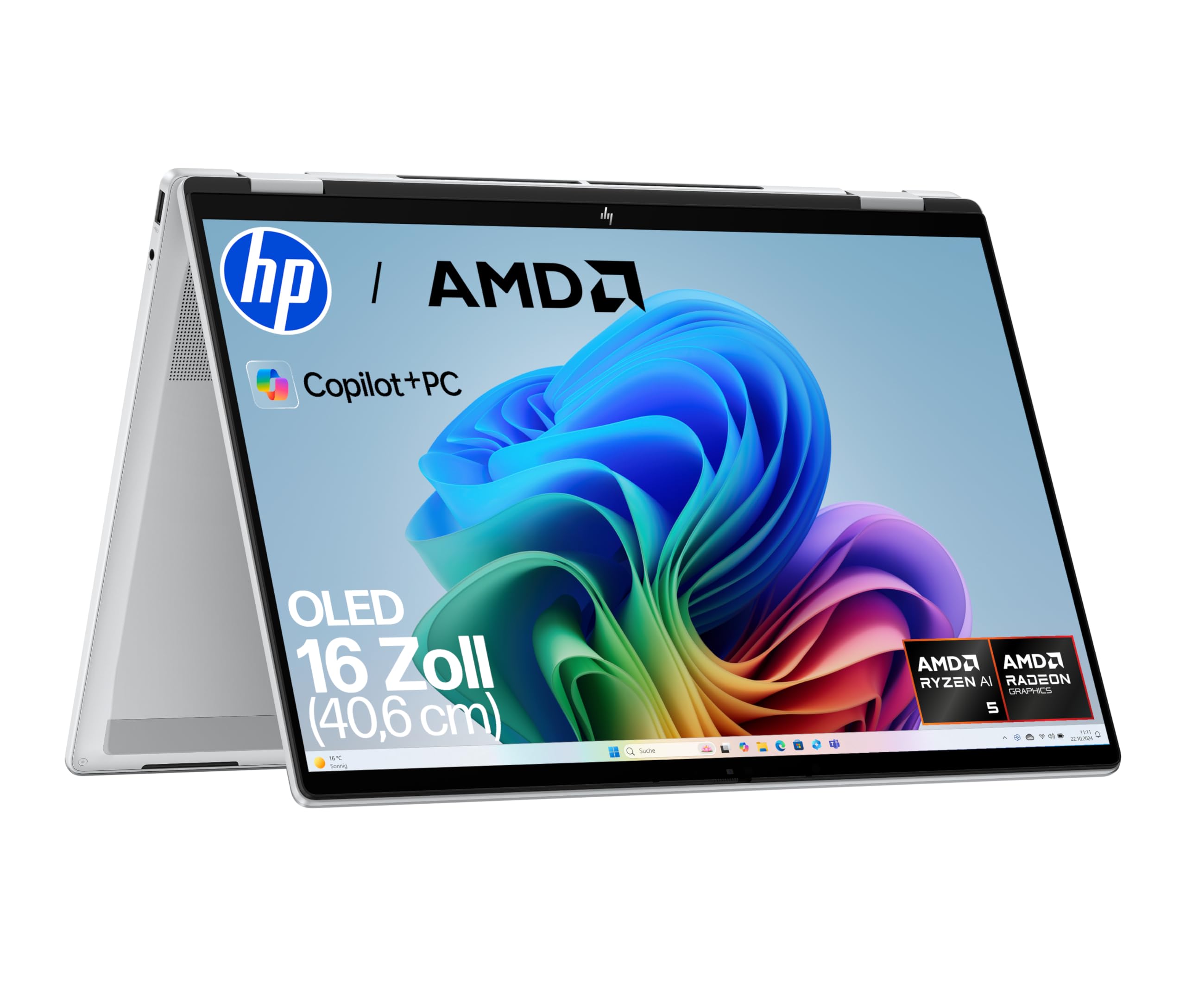 HP OmniBook X Flip 2in1 Next Gen AI Laptop | AMD Ryzen AI 5 340 (6C) | dedizierte NPU für KI | 50 NPU Tops | Copilot+ PC | 16" WUXGA 1920x1200 Touchscreen | 16GB | 512GB SSD | Win11 | QWERTZ | Silber