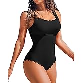 Charmo Womens Scalloped Ribbed One Piece Swimsuits Retro Square Neck Modest Bathing Suits