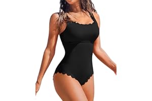 Charmo Womens Scalloped Ribbed One Piece Swimsuits Retro Square Neck Modest Bathing Suits