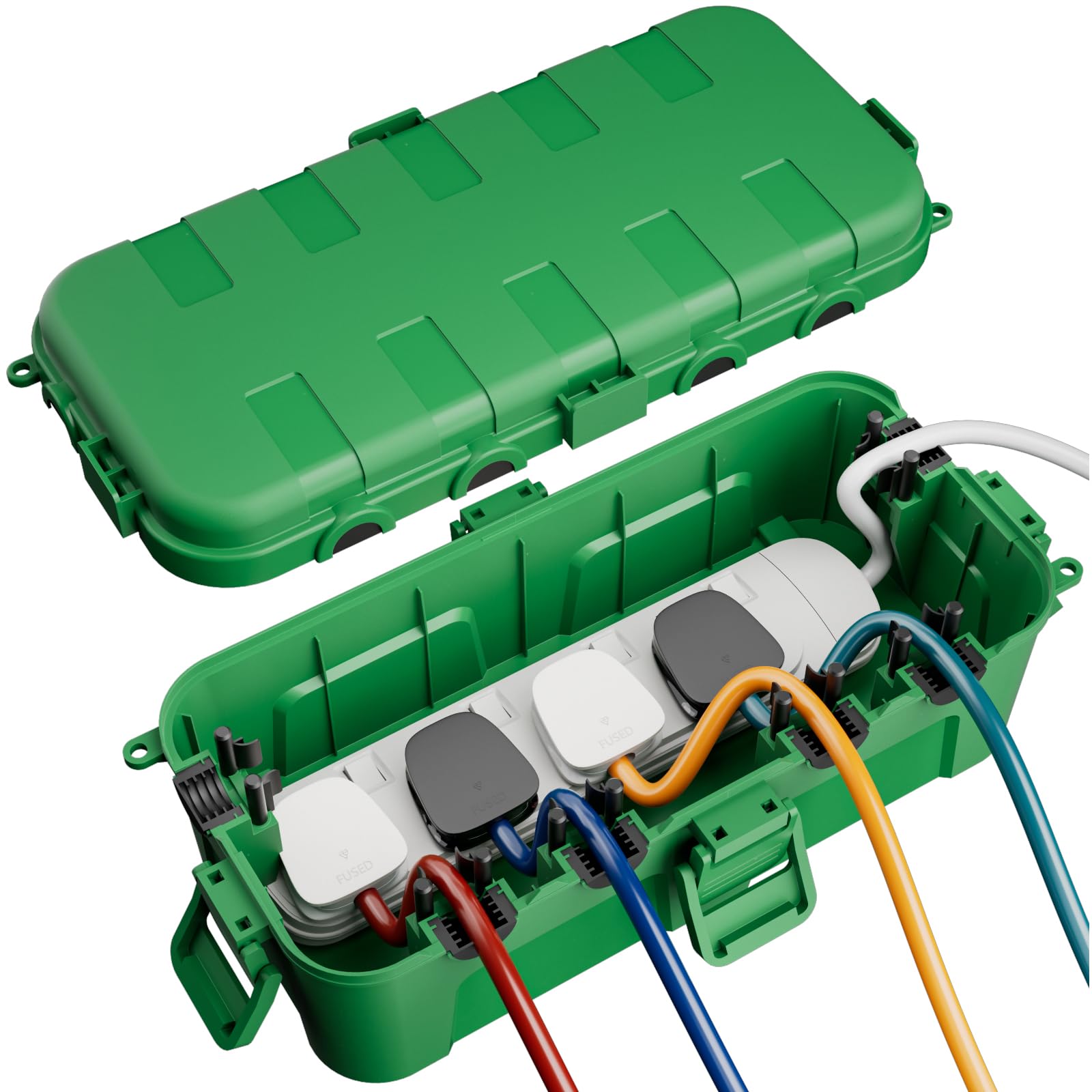 RESTMO Outdoor Waterproof Box (29 × 13.2 × 10cm), IP54 Weatherproof Electrical Box for Multi Plug Extension Lead, Protect Outlet, Plug, Christmas String Lights from Water, Snow, Dust, Green