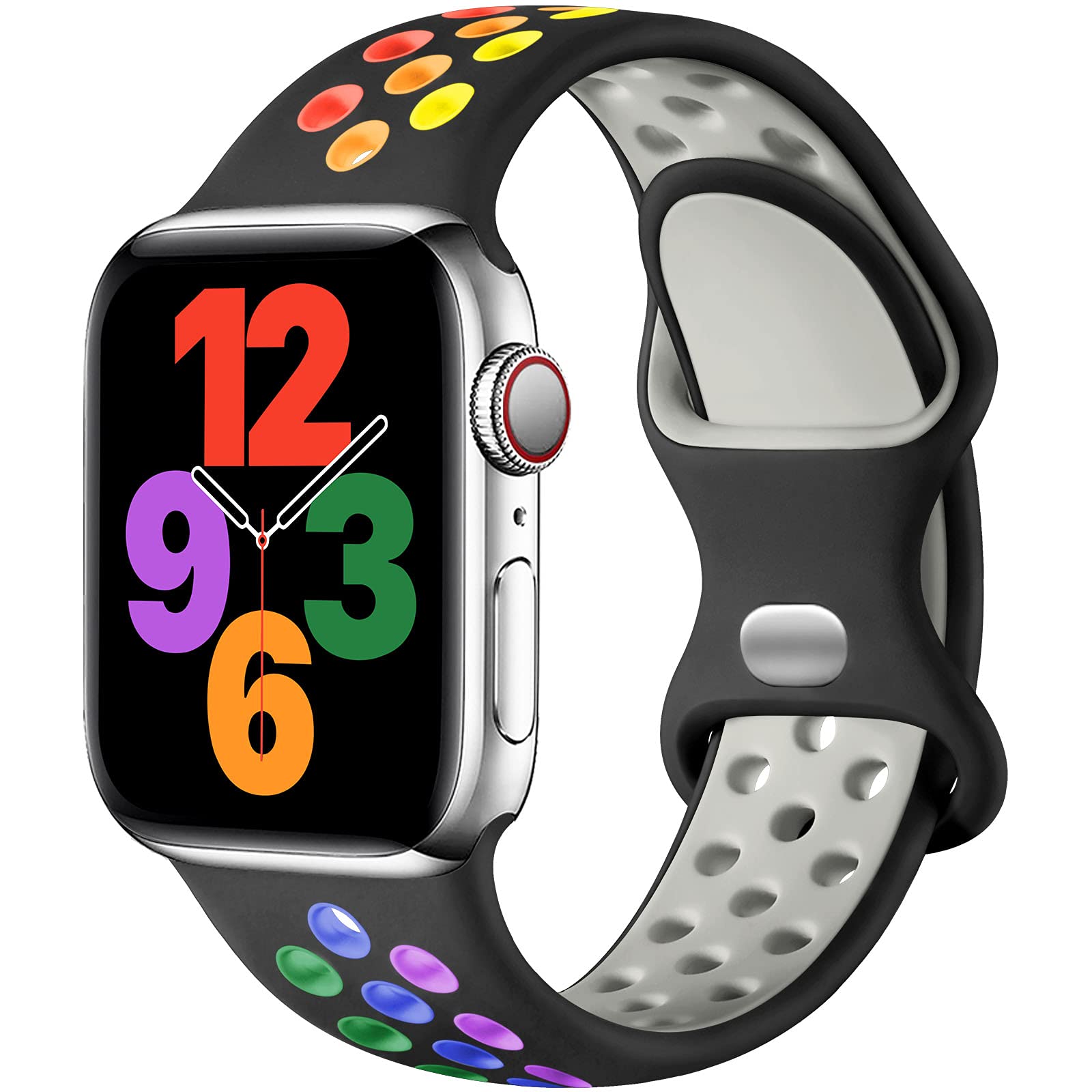 Upeak Sport Strap Compatible with Apple Watch Strap 40mm 38mm 41mm 42mm 44mm 45mm 46mm 49mm, Breathable Silicone Double Hole Band for iWatch Strap Series 11 10 9 8 7 6 5 4 2 1, SE 3, S, Black/Rainbow