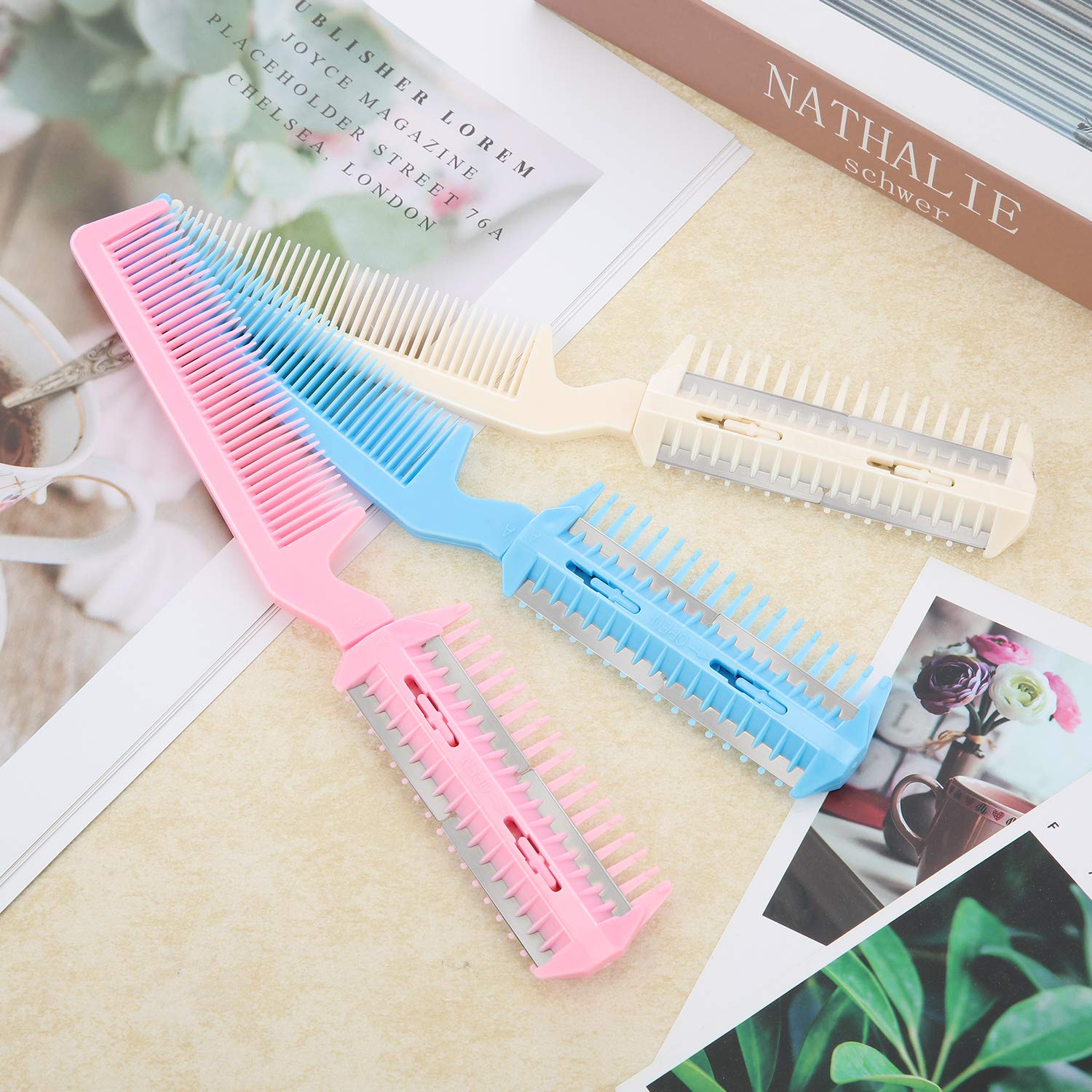 3 Pieces Razor Comb with 10 Pieces Razors, Hair Cutter Comb Cutting Scissors, Double Edge Razor, Hair Thinning Comb Slim Haircuts Cutting Tool (White, Pink, Blue, Double Sided) : Beauty