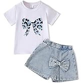 Azmxynol Kid Girls Clothes Outfits Cute Sweet Bowknot Print T-Shirt + Bowknot 2 In 1 Denim Short Summer Clothing Set