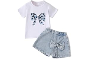Azmxynol kid Young Girl Clothes Outfits Cute Sweet Bowknot Print T-Shirt + Bowknot 2 In 1 Denim Short Summer Clothing Set