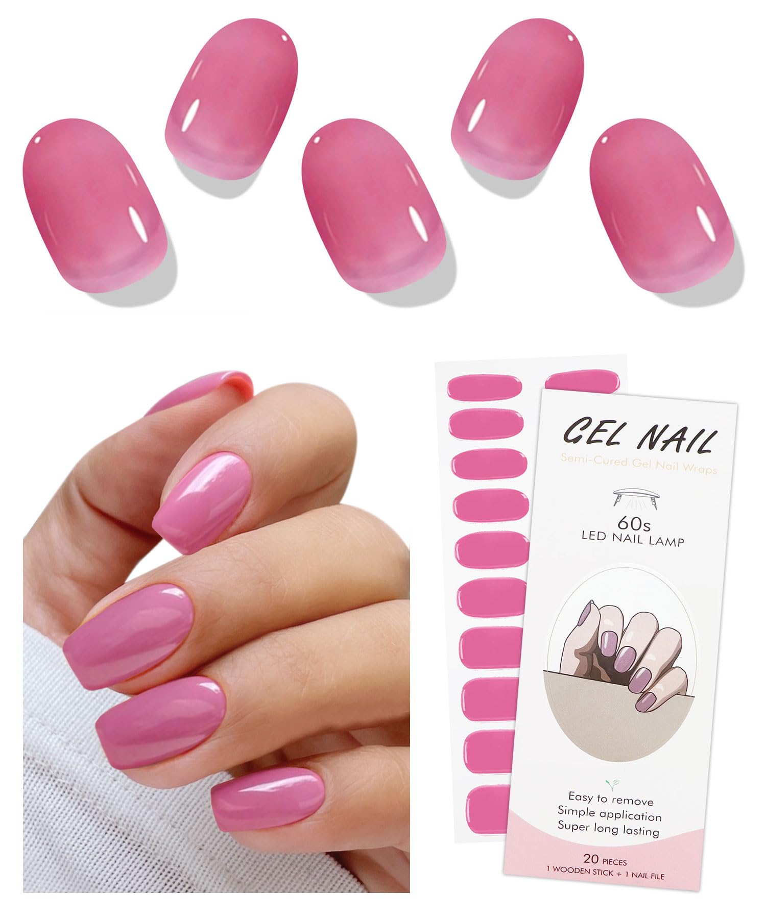 JMEOWIO Semi Cured Gel Nail Strips Bright Pink Gel Nail Stickers Nails Art Design Decoration Accessories