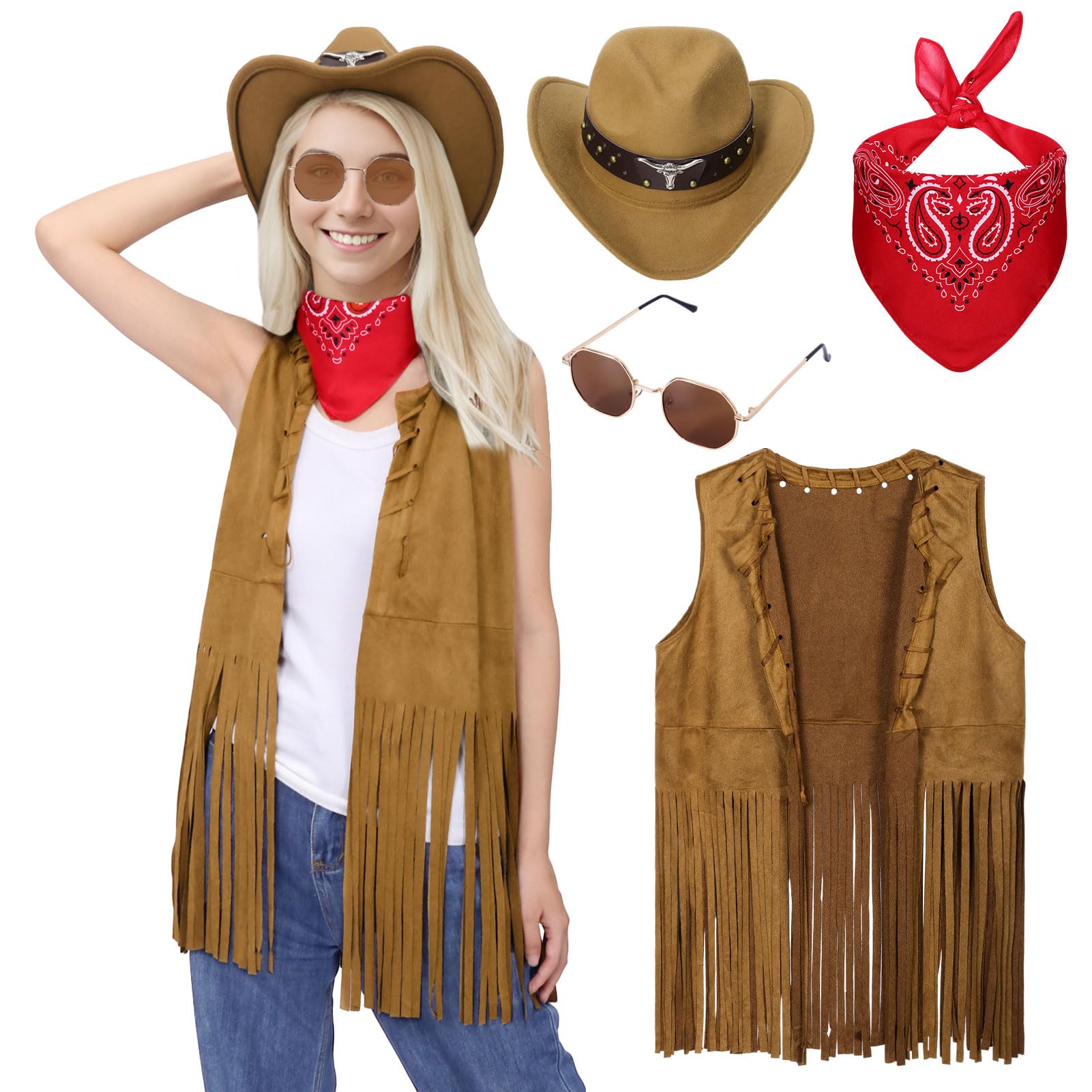 Antsparty Cowgirl Outfits for Women, Cowgirl Fancy Dress with Tassel Vest Cowboy Hat Red Bandana Sunglasses, 70s Hippy Fancy Dress for Western Cowboy Party — image 1