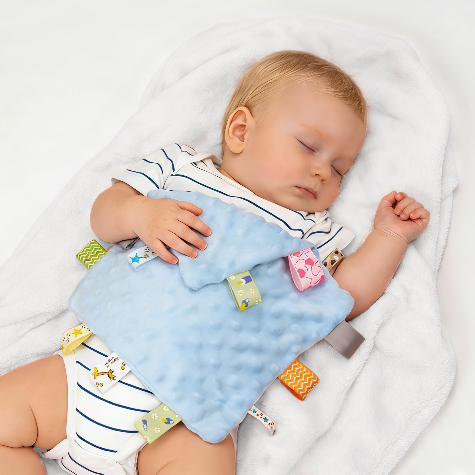 ZIGJOY Baby Comforter blanket with Tags Taggy Blanket Taggie Comfort Blanket Baby Soothing Plush Security Blanket with Colorful Tags Gift for Newborn Infant Boy Girl Blue