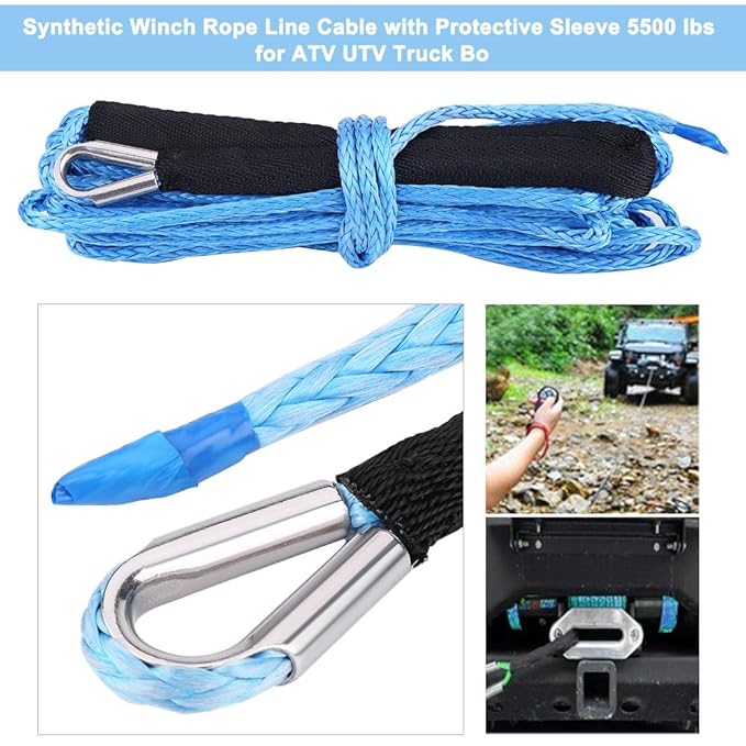 15mx6mm Nylon Synthetic Blue Winch Rope Line Cable W/Protective Sleeve