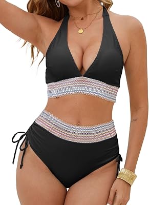 Maillot de Bain Femme 2 Pieces Col en V Bikini Set Deux Pièces Maillot de Bain Push Up Bikini Taille Haute Maillots Deux Pièces Ventre Plat Halter Bikinis Femme 2 Pieces Swimwear