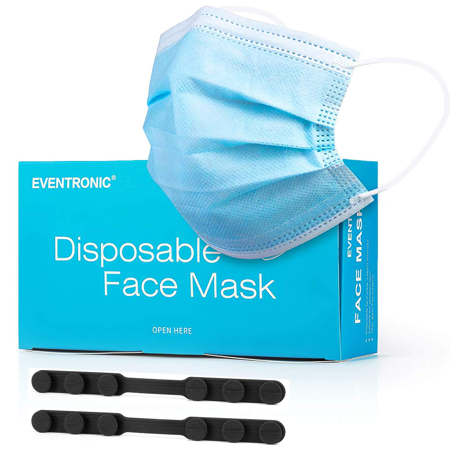 Eventronic Three Layer Disposable Protective Face Mask with Elastic Earloops for Adult and Teen, Blue, Pack of 50