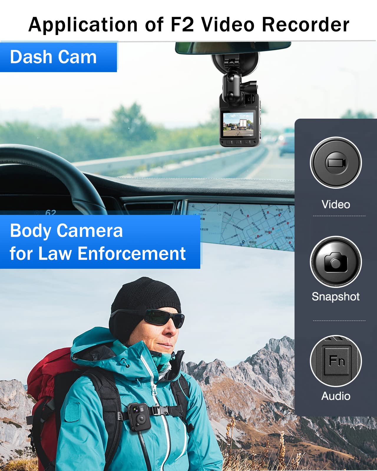 BOBLOV Body Camera, F2 64GB Body Worn Camera, GPS WiFi Enabled,1440P/30fps 2K Body Camera for HD Video, Dual Screens Display Equipped, for Security Guard, Police, Delivery Recording