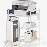Large Printer Stand with Storage: 24x18 Inch Printer Table for Home Office | 3‑Tier Heavy‑Duty Shelf with Full Pull‑Out Rolling Cart for Shredder or PC Tower, 3 Power Outlets &amp; Side Storage Bag, White