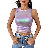 Floerns Women's Metallic Glitter Crew Neck Tank Top Ruched Sleeveless Party Crop Tops