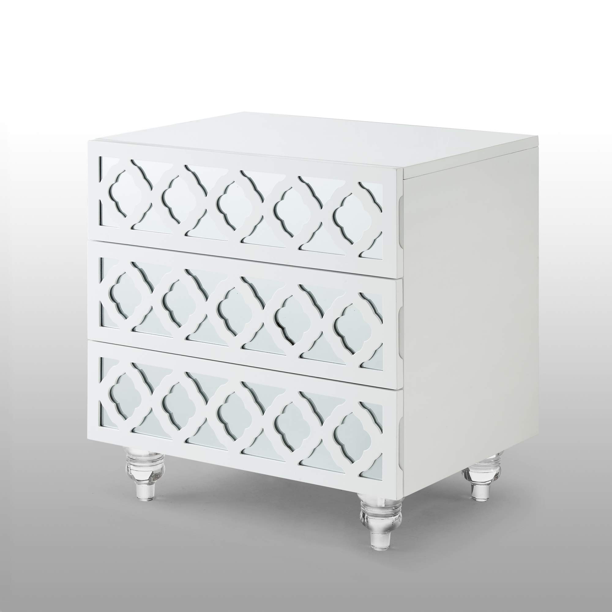 Inspired Home Pablo White Glossy Mirrored Nightstand 3Drawer Side