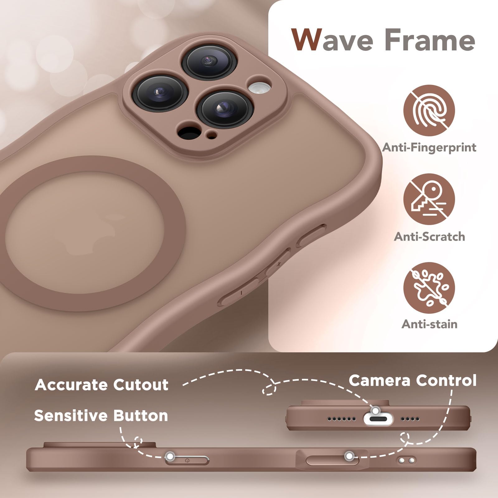 CAPRARO for iPhone 16 Pro Max Case for Women Girls, Upgraded [Full Camera Protection] [Compatible with MagSafe] Cute Wave Translucent Matte Phone Case for iPhone 16 Pro Max, Brown