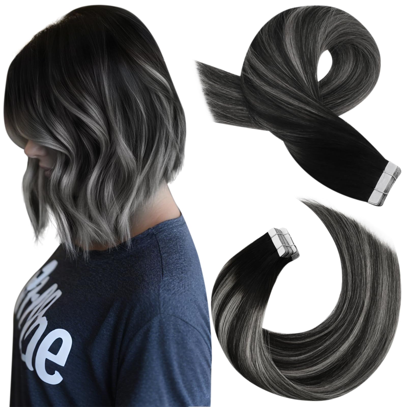 Moresoo Tape in Hair Extensions Real Hair Balayage Natural Black Ombre to Silver Tape in Human Hair Extensions Remy Hair 12 Inch 20 Pieces/30g #1B/Silver/1B โ image 1